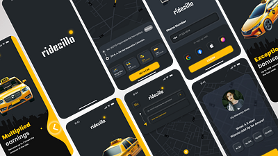 ridezilla - Taxi Booking App animation branding minimalism mobileapp prototype taxi booking app ui uiux design user interface prototyping