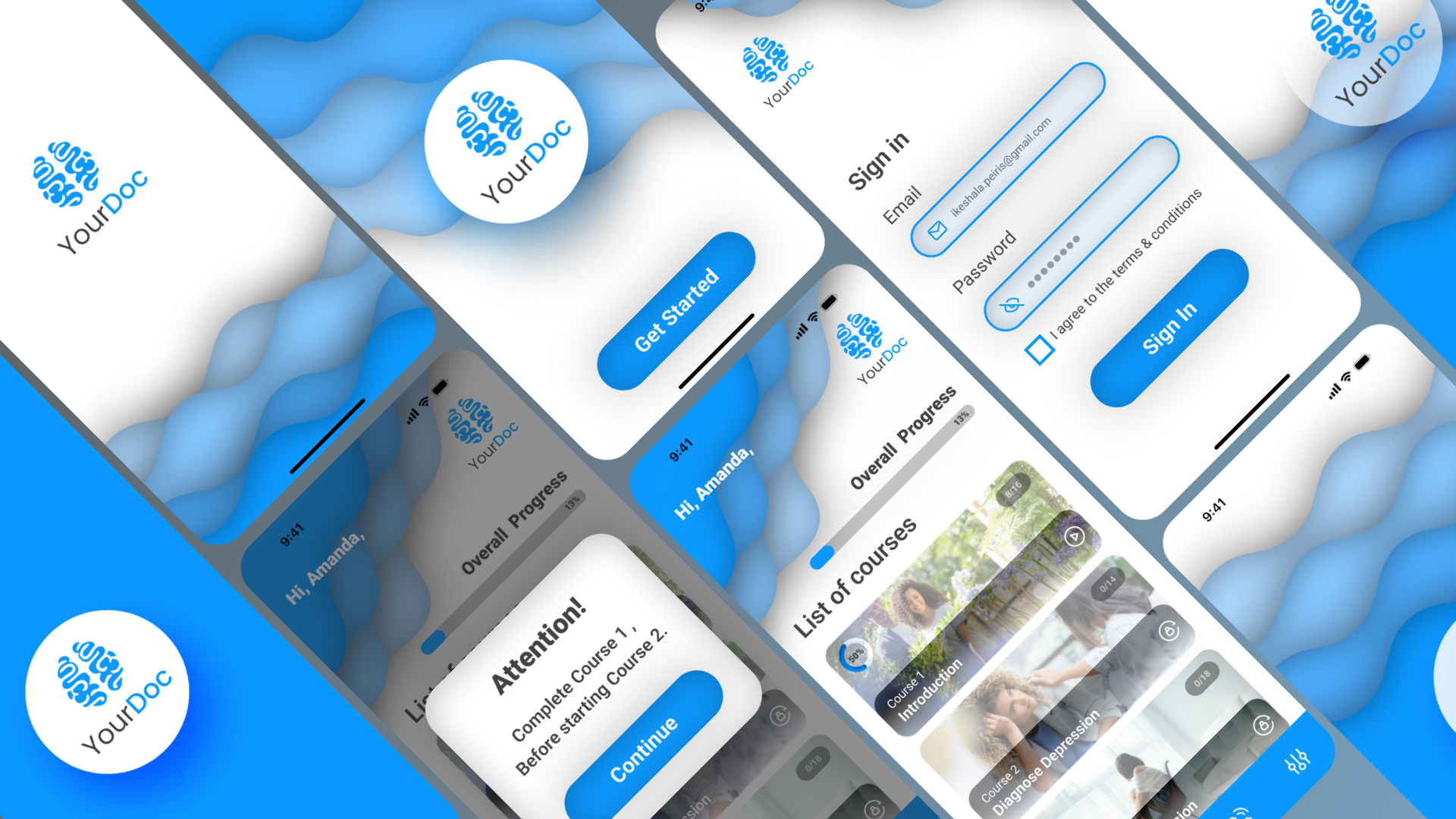 YourDoc - Depression Management Mobile App 2d animation branding design principles health care app high fidelity ui mobileapp prototype uiux design vectors