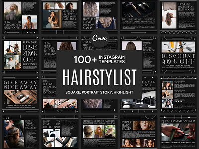 Hairstylist Black Template 3d animation branding design graphic design hair care hair dressing hair extensions hair salon hair wedding illustration instagram bundle instagram post instagram story instagram templates logo motion graphics ui ux vector