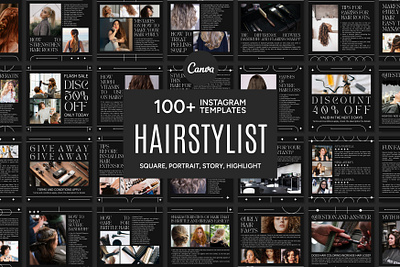 Hairstylist Black Template 3d animation branding design graphic design hair care hair dressing hair extensions hair salon hair wedding illustration instagram bundle instagram post instagram story instagram templates logo motion graphics ui ux vector