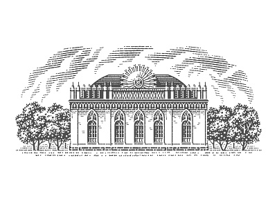 Moscow. Tsaritsyno. Small Palace. apple architecture building engraving etching garden illustration label linocut logo moscow pen and ink vector engraving woodcut