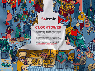 Izmir Clock Tower advertisement book cover branding busy character design cover illustration crowded culture design editorial illustration izmir magazine narrative narrative illustration people illustration poster retro style illustration turkey wimmelbuch