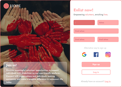 Hope app design graphic design sign up page ui volunteer