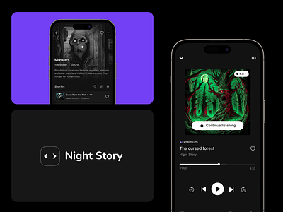 Night Story app — Listen & Read creepy stories branding dark theme mobile player podcast ui ui kit