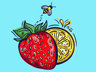 Strawberry Bees Knees Cocktail Illustration bee bees knees cocktail cute design flavor food fruit graphic design icon illustration juicy label lemonade packaging print seeds sticker stickers strawberry