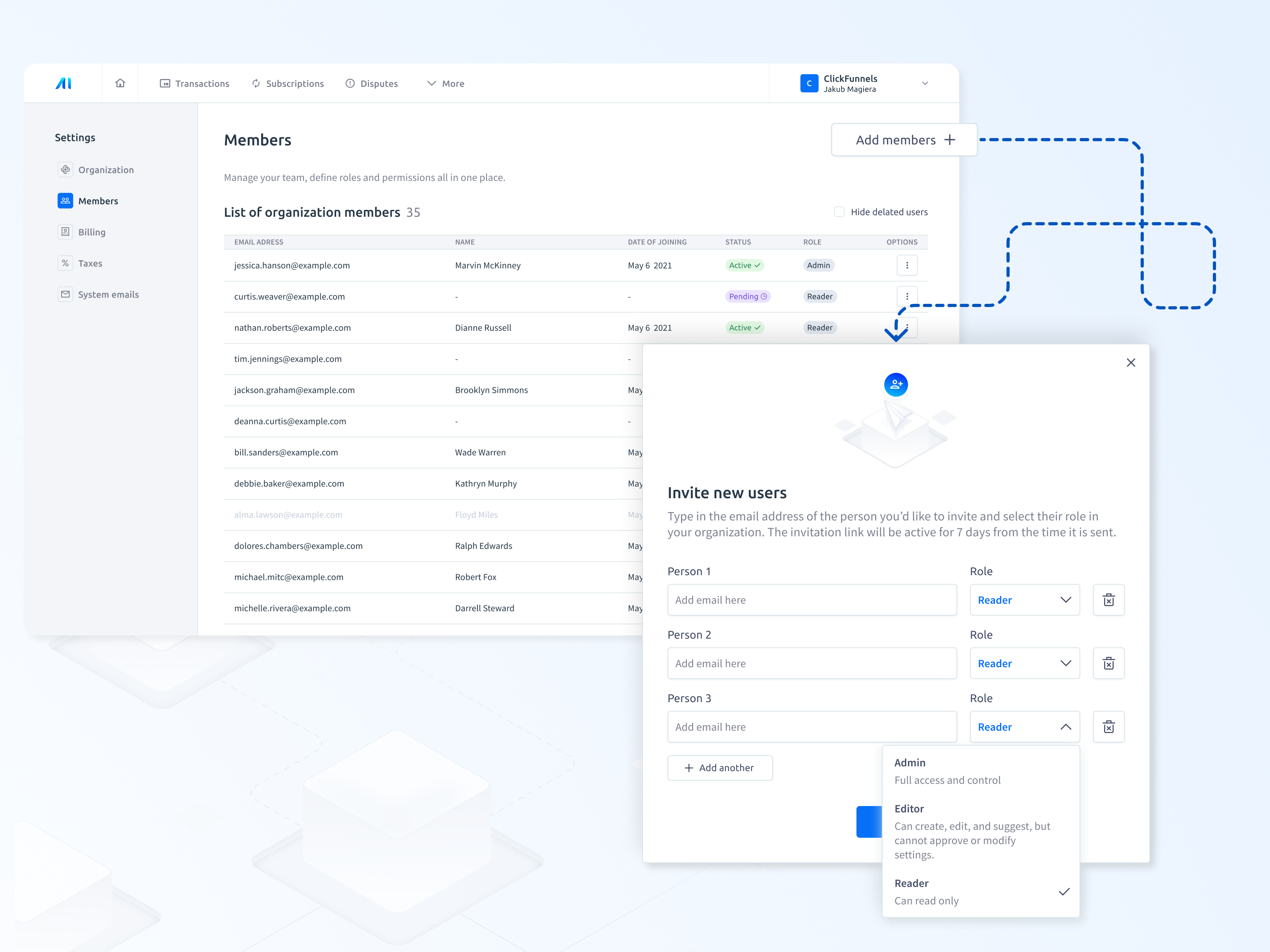 Adding organization members - PaymentsAI app design graphic design product design ui ux