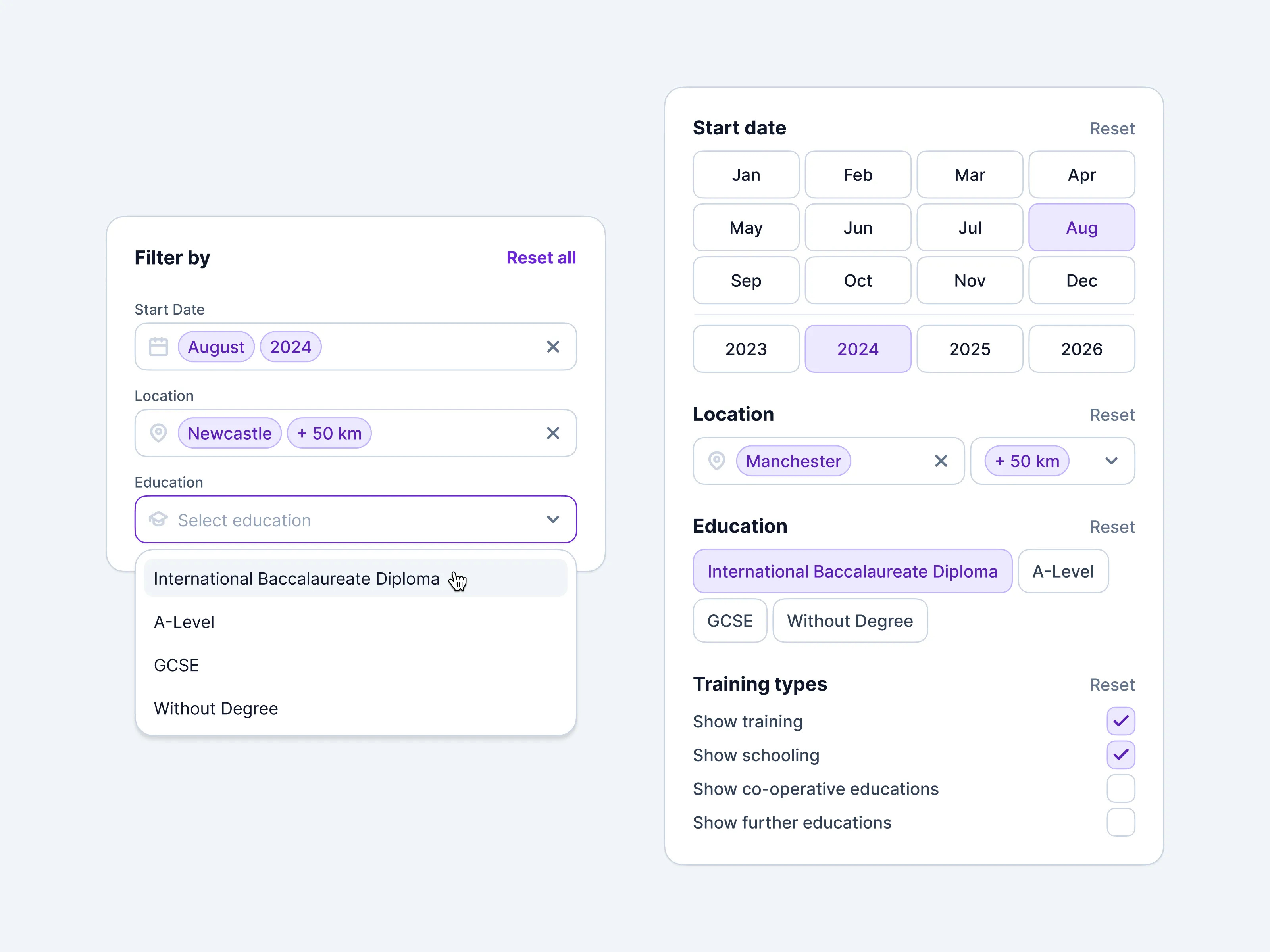 Search Filter (Light) app calendar checkbox clean components dropdown filter form input interface design minimal picker product design search tags ui ui kit user interface ux