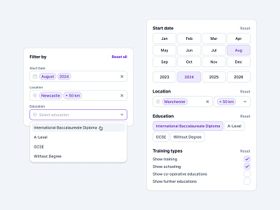 Ausbildung.de – Search Filter (Light) app calendar checkbox clean components dropdown filter form input interface design minimal picker product design search tags ui ui kit user interface ux