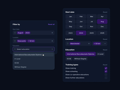 Ausbildung.de – Search Filter (Dark) app calendar checkbox clean components dark mode dropdown filter form input interface design minimal picker product design search tags ui ui kit user interface ux