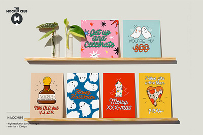 GREETING CARDS ON SHELVES MOCKUPS a6 cards cards on a shelf changeable background clean look clean mockups greeting card greeting cards on a shelf high resolution mockups modern photorealistic mockups postcards psd square card stationery mockups trendy mockups