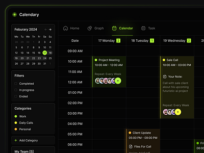 Dark Mode Calendar Design ✨ add agency app button calendar categories chart dark darkmode design filters glow graphic design inspiration meets menu stats team ui ux