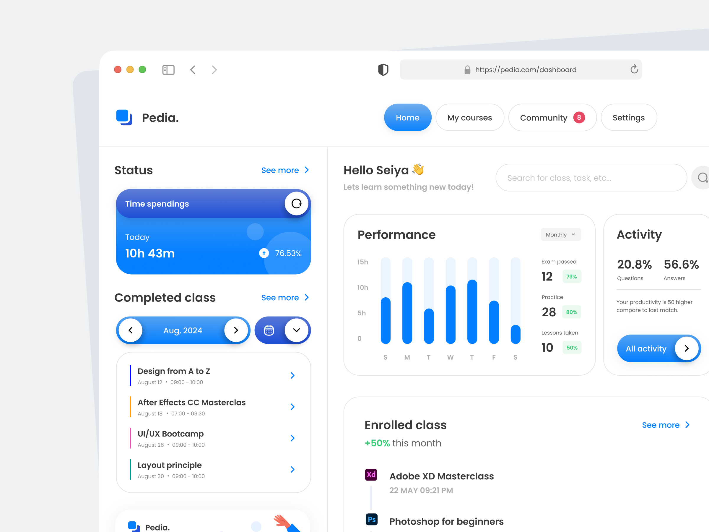 Pedia Academy - Dashboard analytic blue clean dashboard design e learning dashboard learning light mode modern platform ui ui design ux