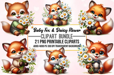 Watercolor Cute Baby Fox Daisy Flowers Clipart looking