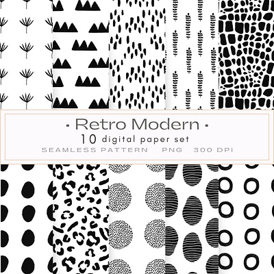 Black & White Retro Digital Paper Pack black and white digital digital background illustration modern paper pattern print retro