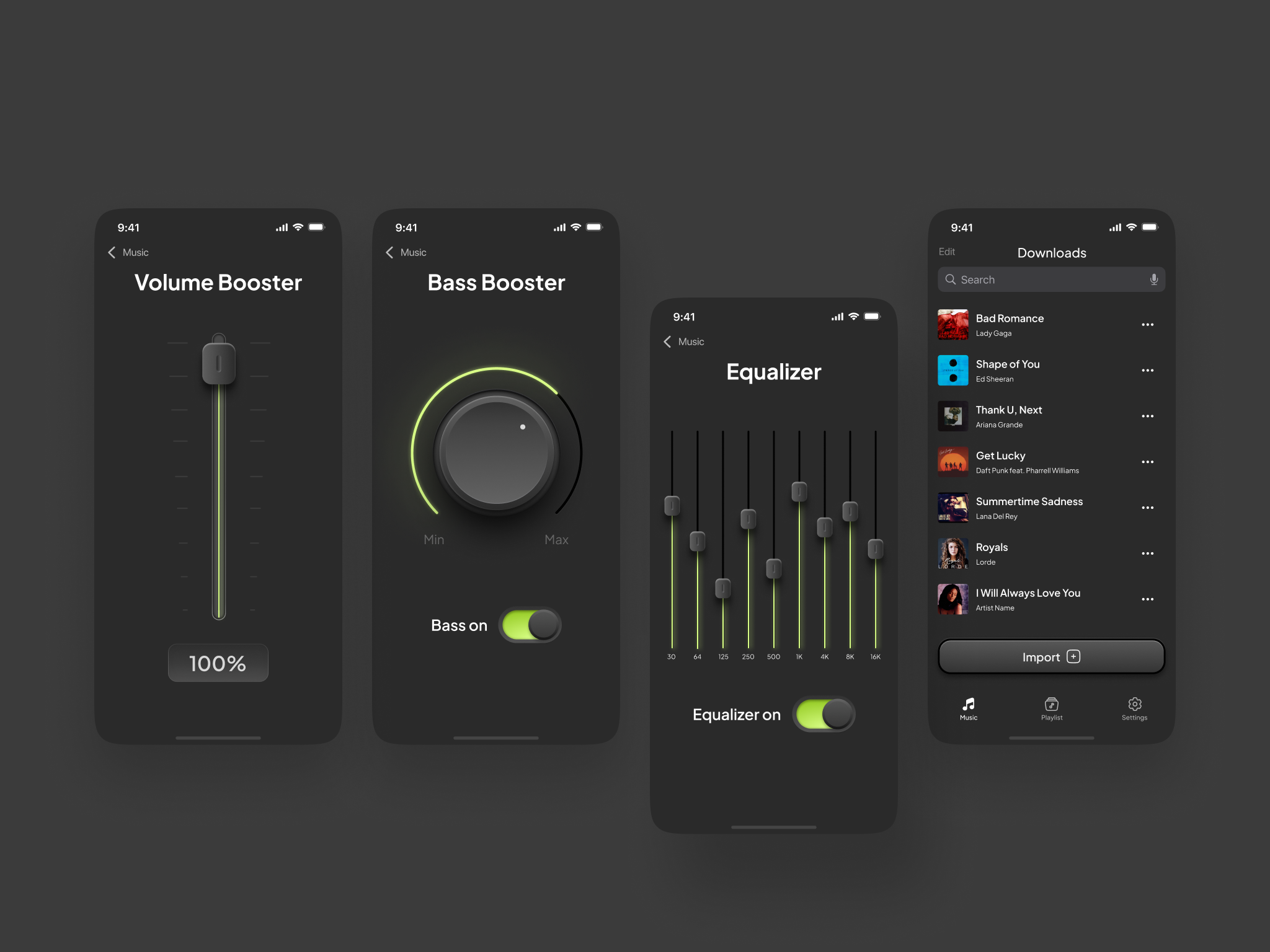 Music Amplifier Mobile App amplifier app bass dark equalizer mobile neon playlist skeumorphism ui volume
