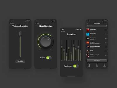 Music Amplifier Mobile App amplifier app bass dark equalizer mobile neon playlist skeumorphism ui volume