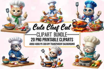 Watercolor Cute Chef Cat Clipart Bundle card making