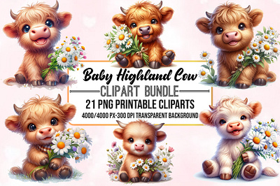 Cute Floral Baby Highland Cow Sublimation