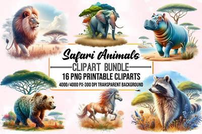 Watercolor Safari Animals Clipart Bundle savannah