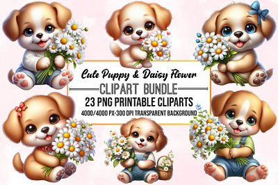 Watercolor Cute Puppy Daisy Flower Clipart ohio