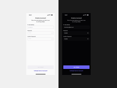 Wallet: Sign up Screens app buttons dark mode design inputs light mode login login design login screen mobile mobile app mobile design password product sign up screen signin signup ui ux variables