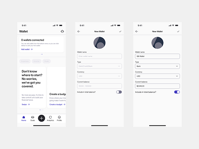 Wallet: Add New Wallet Screens add ai chat bot cards cta design finance app finance management app input field mobile app mobile screen mobile wallet navigation bar radio button save ui user experience user interface ux wallet wallet app