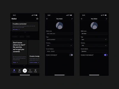 Wallet: Add Wallet Screens Dark add animation app cards cta design. fintech app ui