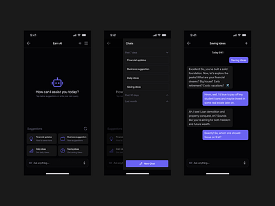 Wallet: AI ChatBOT Screens Dark ai animation app app design bot branding chatbot chatgpt chats claude dark design messages mobile motion graphics new chat screen sidebar ui ux