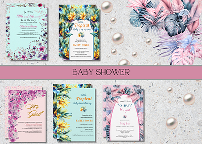 Baby shower invitation cards baby shower design florals graphic design illustration oh baby tropical baby shower watercolor wild flower