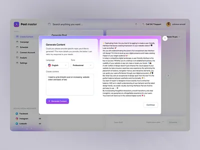AI Powered Social Platform Manager ai artificial intelligences business dashboard design facebook instagram linkedin models pop up product product design prompt saas social media technology ui uiux ux web application