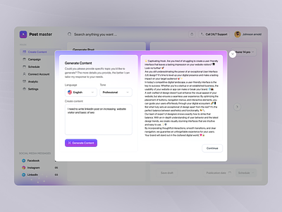 AI Powered Social Platform Manager ai artificial intelligences business dashboard design facebook instagram linkedin models pop up product product design prompt saas social media technology ui uiux ux web application