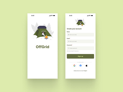 OffGrid app sign up page create account design forgot password illustration login minimal register registration form sign up form signin signup signup page signup screen ui user interface ux