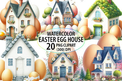 Watercolor Easter Egg House Clipart vintage