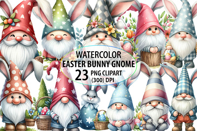 Watercolor Easter Bunny Gnome Clipart postcard