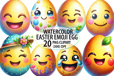Watercolor Easter Emoji Egg Clipart smiling