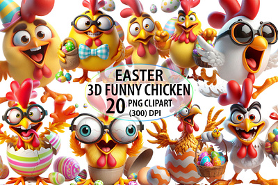Easter 3D Funny Chicken Clipart Bundle poultry