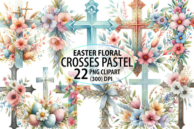 Watercolor Easter Floral Crosses Pastel passion