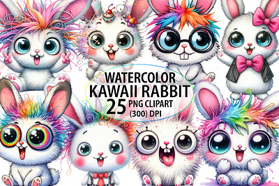 Watercolor Kawaii Rabbit Clipart Bundle postcard