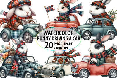 Watercolor Bunny Driving a Car Clipart zoo