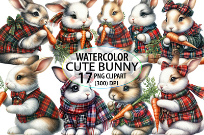 Watercolor Cute Bunny Clipart Bundle walking