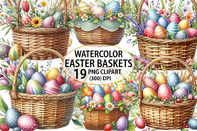 Watercolor Easter Baskets Clipart Bundle scrapbooking