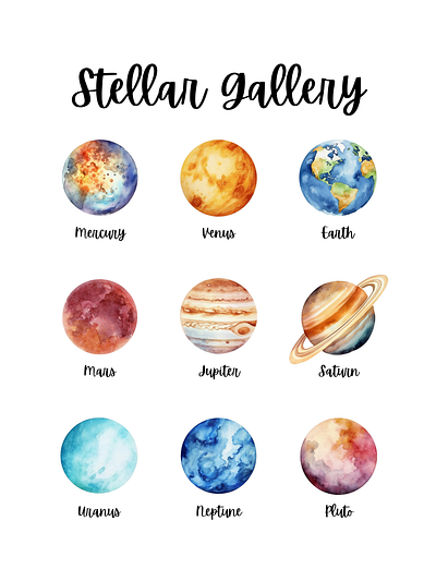 Watercolor solar system poster art decor galaxy planet solar system universe wallart watercolor