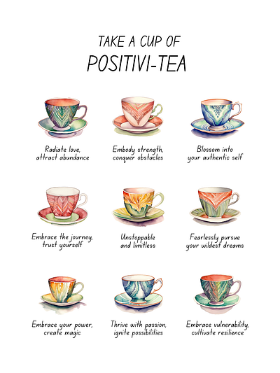 Watercolor teacups with inspiring quotes poster art decor design poster tea tea lover teacup wallart watercolor