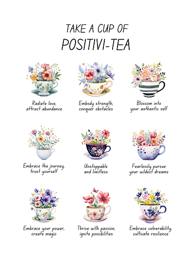 Watercolor teacup with flowers inside & inspiring quotes poster art decor flowet poster tea tea lover teacup wallart watercolor