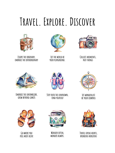 Watercolor travel related items with inspiring quotes poster art decor poster travel travel item travel lover trekking wallart watercolor