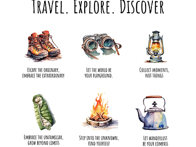 Watercolor travel related items with inspiring quotes poster art decor poster travel travel item travel lover trekking item wallart watercolor