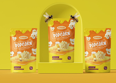 POPCORN HONEY BUTTER POUCH bag design creative design design graphic design honey honey pouch illustration label design marketing packaging design pakaging pouch pouch bag design pouch design pouch label product packaging product pouch sale snack snack pouch