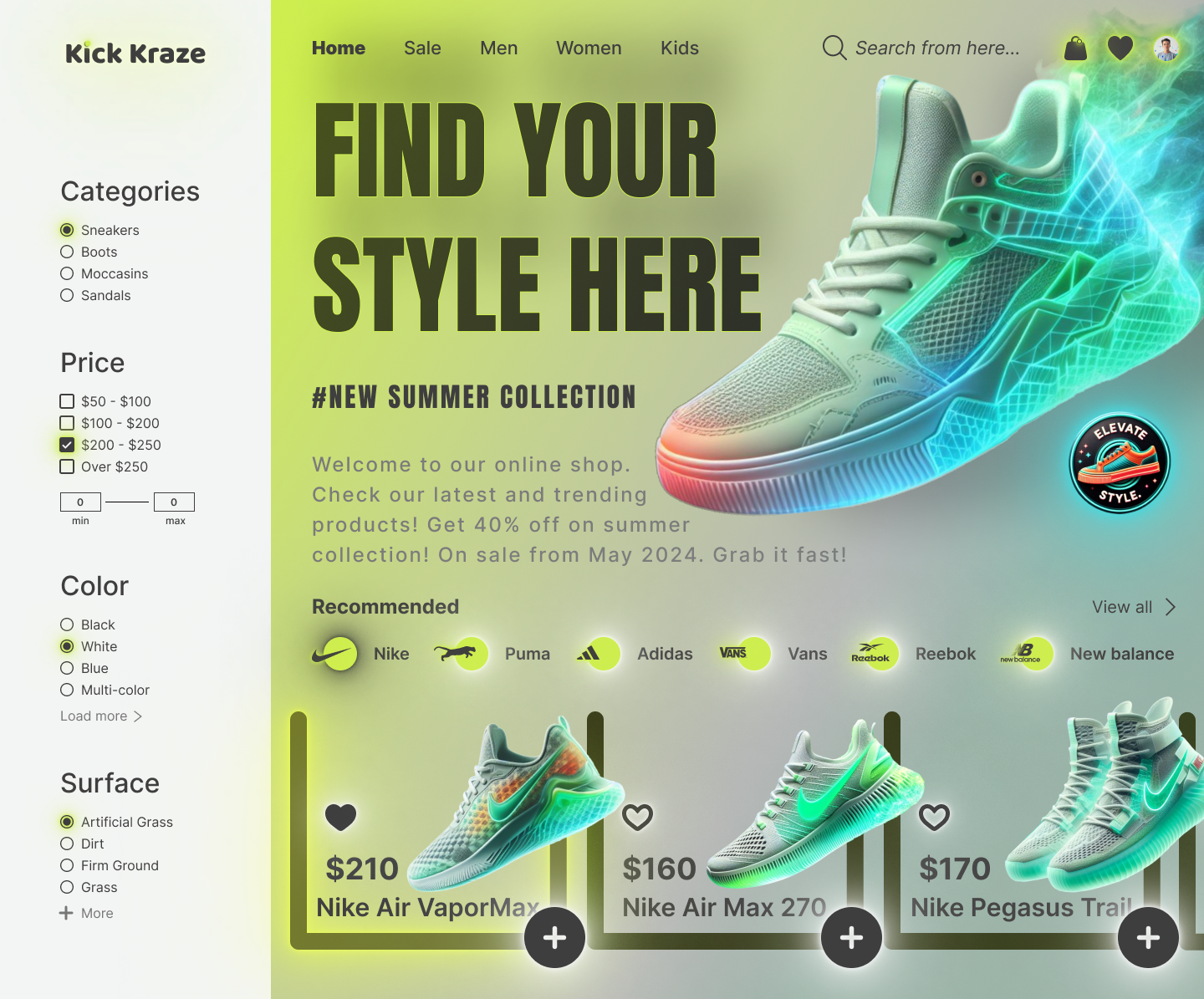 KickKraze - Sneakers Website Store (Landing Page) 3d design figma high fidelity ui design landing page neon prototype shoe shop uiux design user interaction design visual design webpage website store