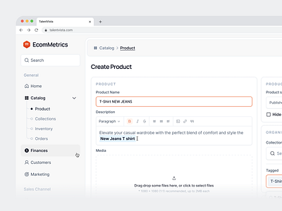 EcomMetrics - Create Product adding product clean create product dashboard ecommerce form leftbar product design