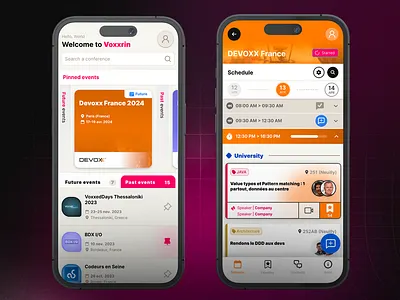 Voxxrin 3 - Your Conference Companion accordion app avatar brand branding cards collapse design events graphic interface ionic list mobile product design slide tabs timeline ui ux
